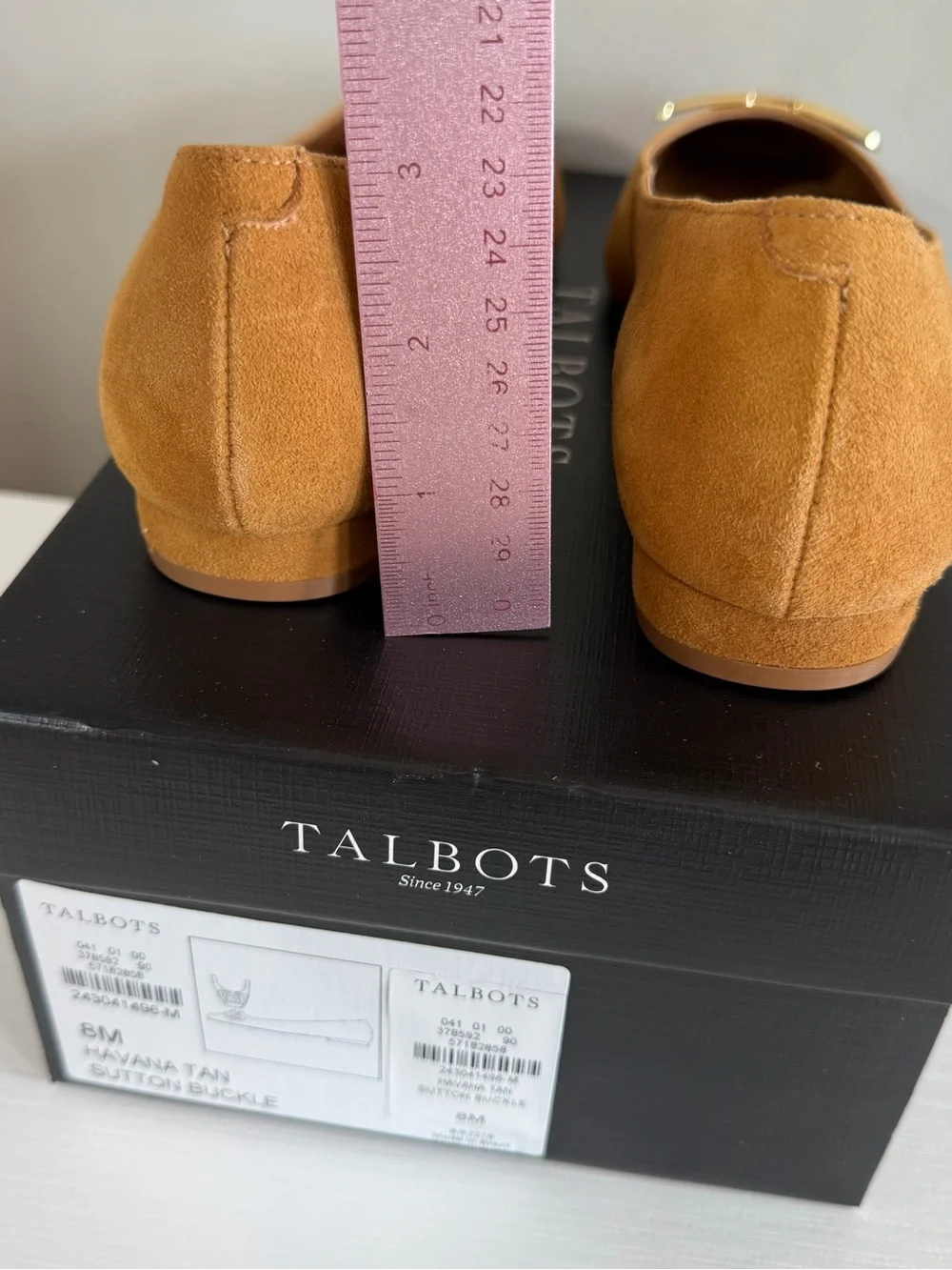 Talbots Suede Sutton Square-Toe Flats in Havana Tan with Gold Buckle NWB Sz 8
